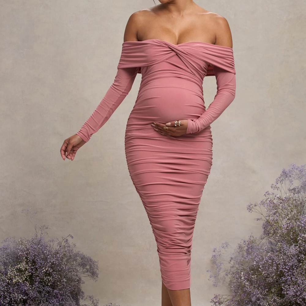 Off-Shoulder Ruched Maternity Dress in Dusty Rose Neva Blush Bardot Twist
